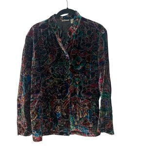 Vintage Chicos Colorful Velvet Silk Blend Button Up Jacket L Floral Boho Artsy